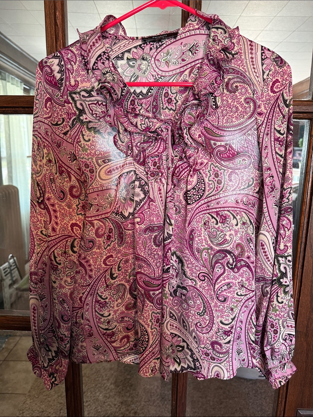 Belissimo New York Pink Purple Paisley Ruffle V-Neck Long Sleeve Blouse Size PM
